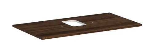 Holztischplatte in dunkler Nussbaum-Optik mit mittigem Ausschnitt, geeignet für einen Aufsatzwaschtisch, von Hansgrohe.